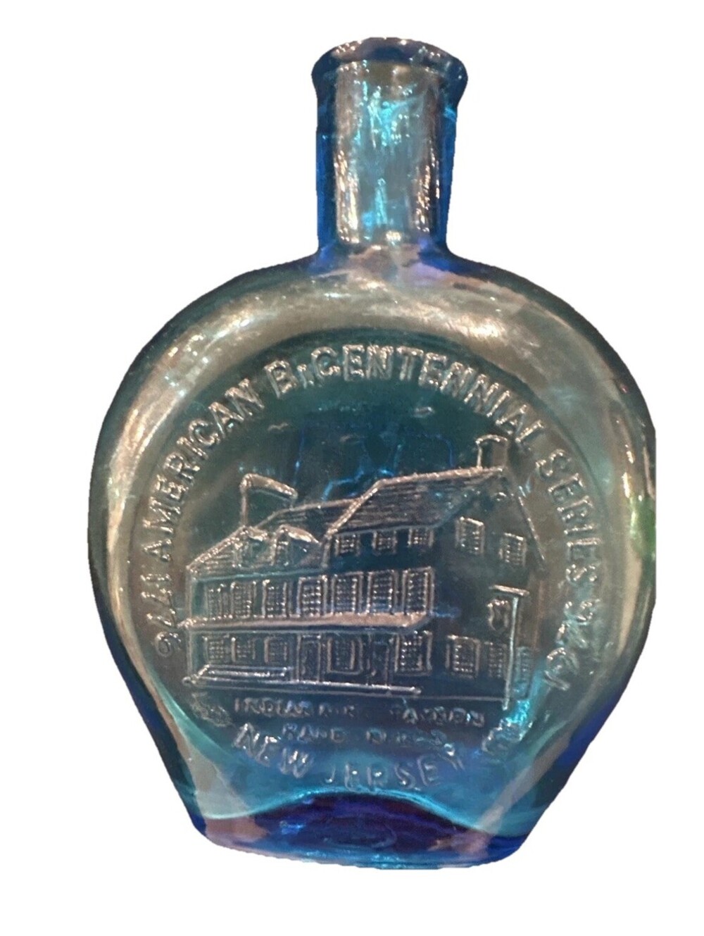 1976 American Bicentennial New Jersey Blue Glass Liberty Bottle Vintage